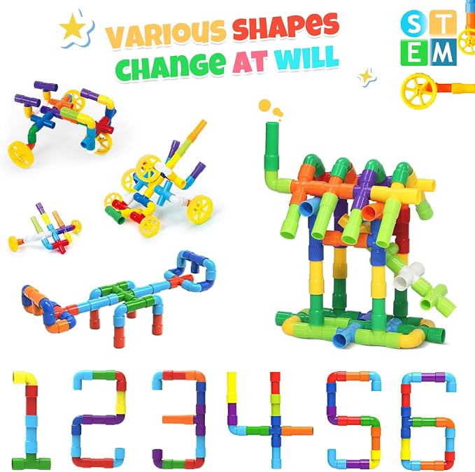 Ggiibro STEM Building Toy for Toddlers 106Pieces Tube Pipe Toy,Educational Preschool Game for 3+ Years,Learning Building Blocks Play with Storage Box Gift Kit,Montessori Toys for Boys & Girls