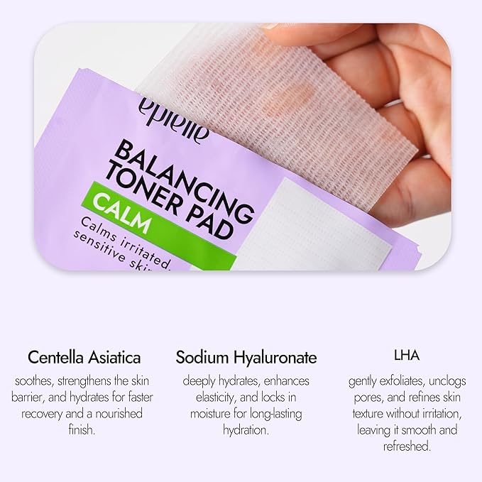 Epielle Balancing Toner Pads 5 Packs Individually Wrapped, Calming & Hydrating Irritated, Sensitive Skin with CICA & Salicylic Acid, Cotton Gauze & Glutathione Jelly, Korean Skin Care (5 Toner Pads)