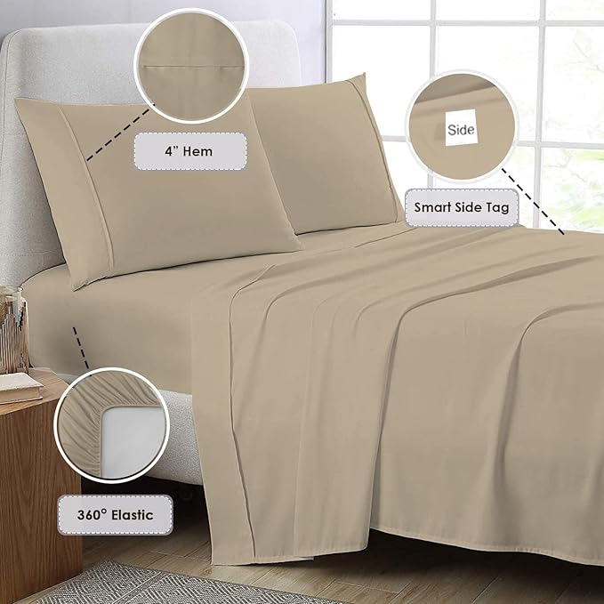 Pizuna Pure 100% Cotton Queen Size Sheets, 800 Thread Count Long Staple Cotton Crisp Sateen Queen with 15inch Deep Pocket (Combed Simply Taupe Cotton Sheets)