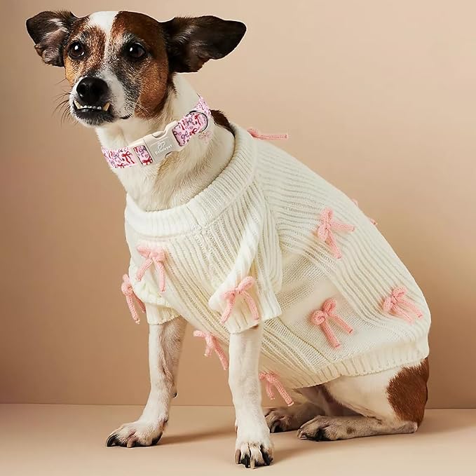 Girl Dog Collar for Small Dogs - Cute Heart Bow Print Girly Dog Collars, Soft Adjustable Spring/Summer Holiday Female Dogs Collar with Quick-Release Buckle S