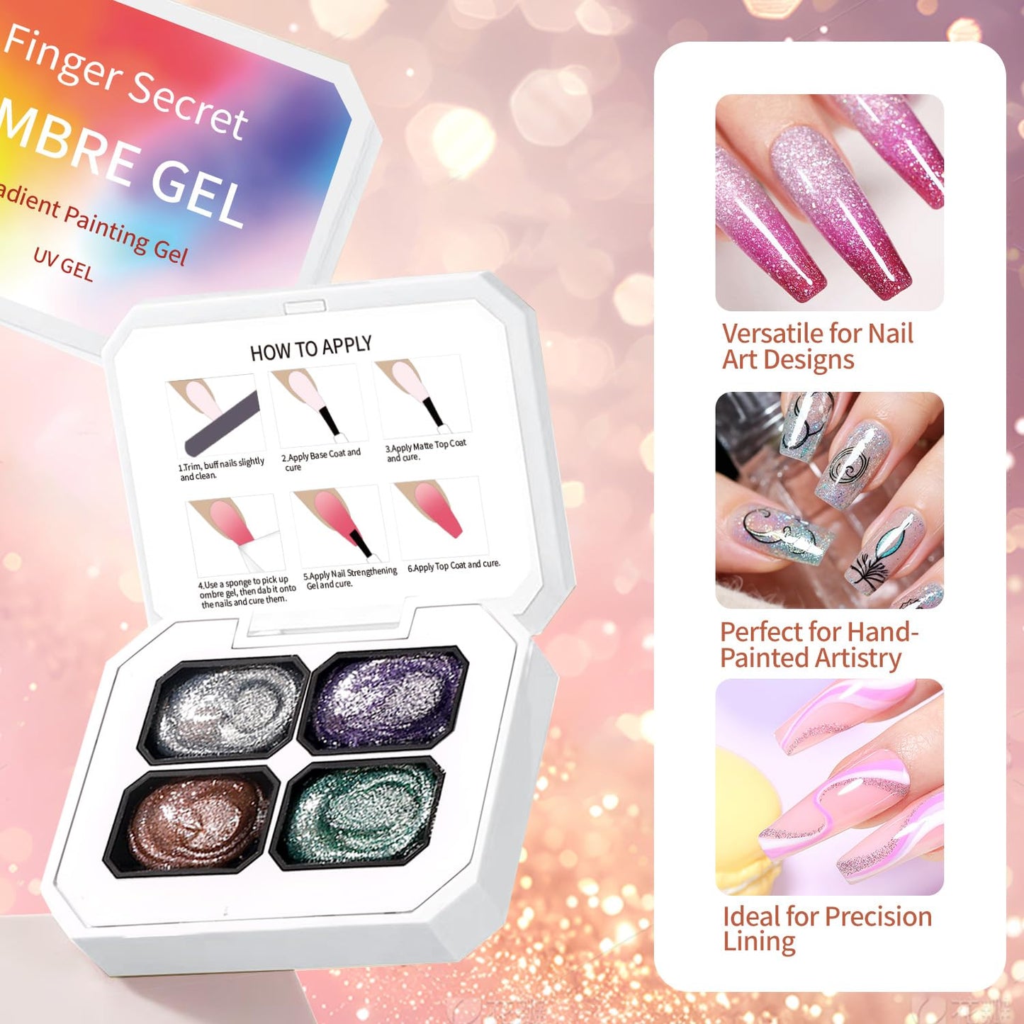 Finger Secret 4 Colors Set Ombre Gel Nail Polish,Patting Gradient Painting Gel with 20Pcs Nail Sponges for Nail Art DIY can be Painted in Salon or Home Use (k2)