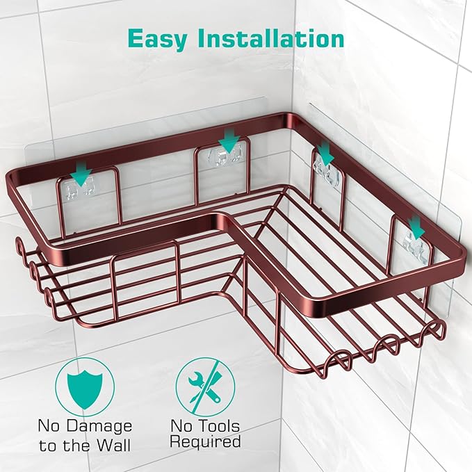 YASONIC Corner Shower Caddy, 3-Pack Adhesive Shower Caddy with Soap Holder and 12 Hooks, Rustproof Stainless Steel, No Drilling Wall Mounted Rack Organizer, for Bathroom, Bronze