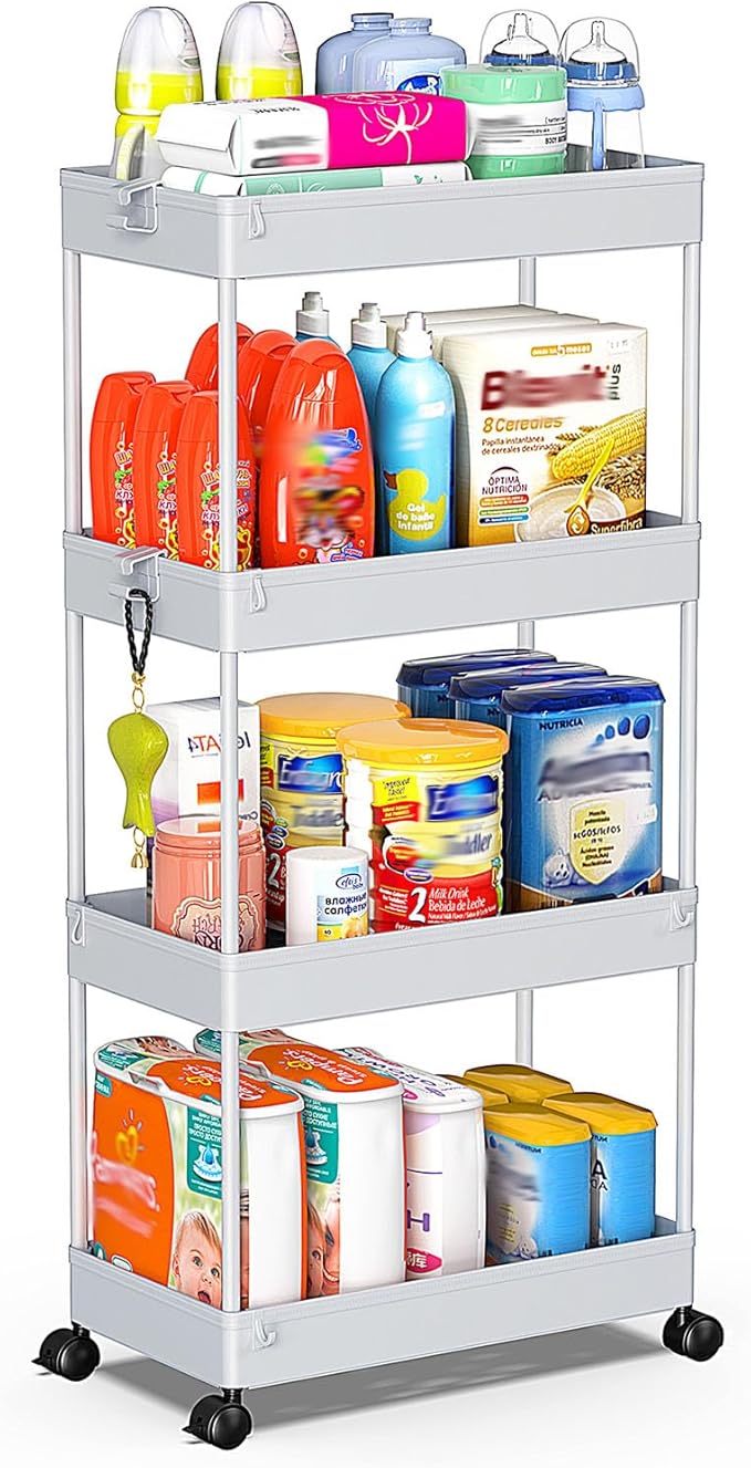 SPACEKEEPER Storage Cart, 4-Tier Mobile Shelving Unit, Bathroom Rolling Cart Utility Storage Organizer Shelf for Kitchen Living Room Bathroom Laundry Room & Dressers, Gray
