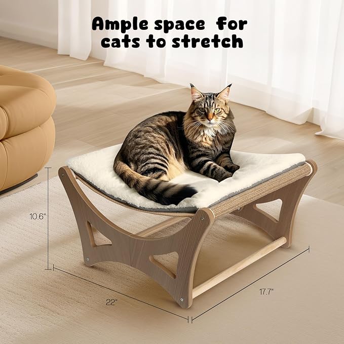Cat Hammock Bed, Wooden Elevated Cat Beds with Natural Sisal Scratching Mat, Cats Scratcher Bed with Removable Soft Cushion, Cats Scratching Beds with Wood Frames, 22" L x 17.7" W