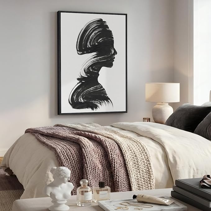 Modern Framed Black and White Abstract Wall Art, Minimalist Elegant Canvas