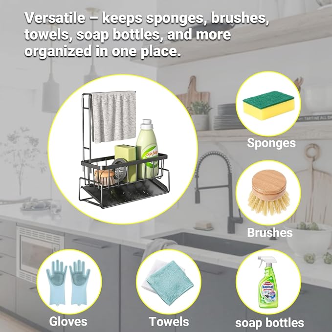 Sponge Holder for Kitchen Sink, Kitchen Sink Organizer with Towel Rack, Rustproof 201 Stainless Steel Sink Caddy, Kitchen Accessories and Decor