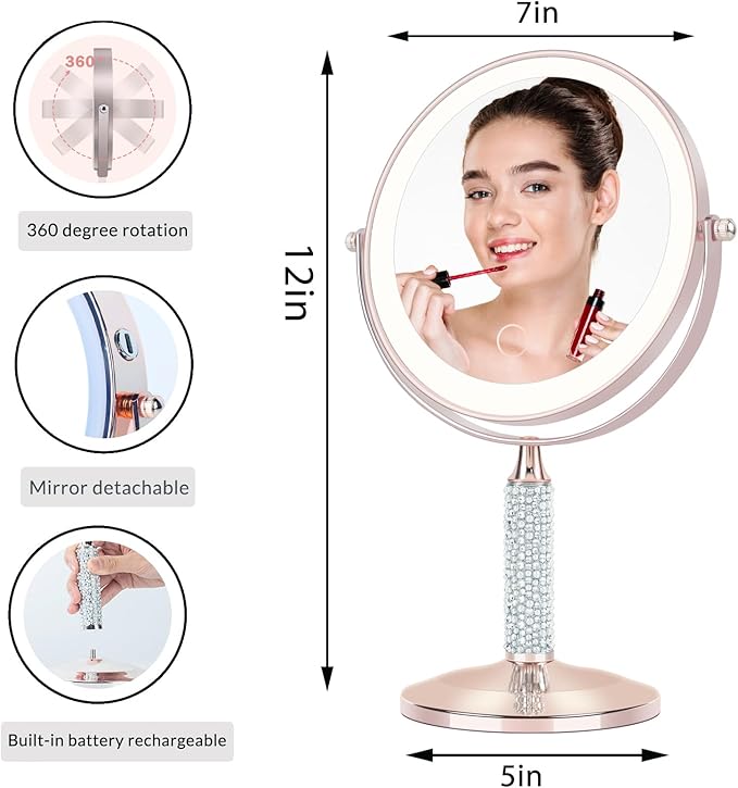 7" Rose Gold Glitter Diamond Rhinestone Makeup Mirror,360°Rotate Round Tabletop Vanity Mirror Double Sided 1X/10X HD Undistorted Magnifying Mirror,Portable Vanity Women Gift (Rose Gold)
