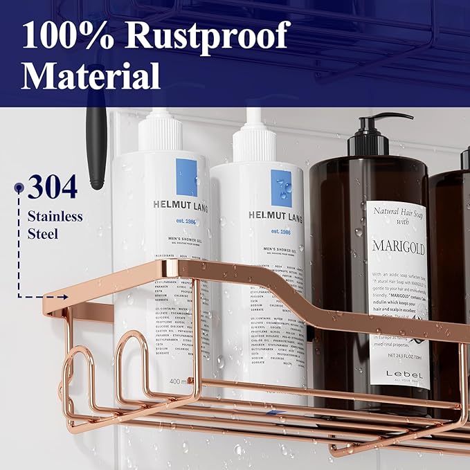 Kitsure Shower Caddy Large - Adhesive Shower Organizer, Stainless Steel Shelf for Inside Shower, No Drill Bathroom Organizers and Storage, Home Decor Accessories, 2 Pack, Rose Gold