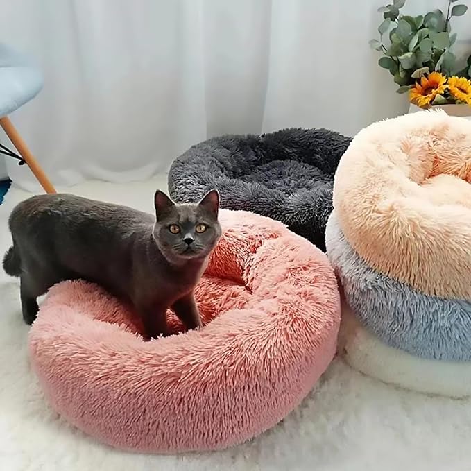 Calming Dog Bed for Small Dogs, Calming Donut Cuddler Pet Bed Anti Anxiety Round Dog Bed Fluffy Plush Faux Fur Cat Bed,Wine red,15.7IN