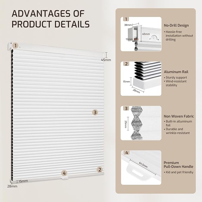 Grandekor No Drill No Tools Cordless Cellular Shades, 27.5" W x 64" H, UV