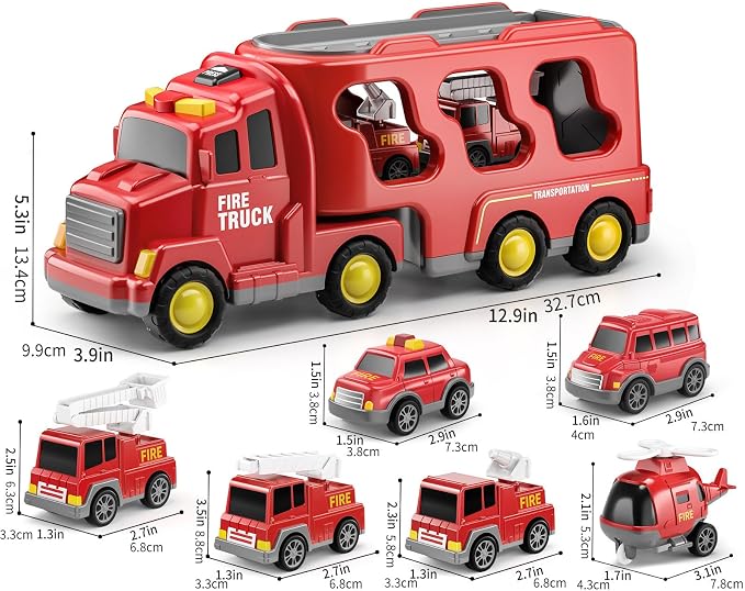 Fire Truck Toys for Toddler 3-5, Transport Car with Light Sound | 7-in-1 Fire Car Carrier Vehicle Set for Girls 3 4 5 6 Years Old, Birthdays Gifts for Kids Girls Aged 3-9