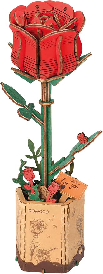 rowood 3D Puzzle Wooden Flower,DIY Artifical Flower Building Toy Set Craft Kit for Women,Mother's Day/Valentine's Day/Teacher's Day/Thanksgiving/Christmas/Birthday Choice-Red Rose