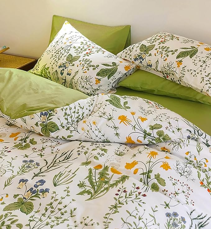 KAREVER Botanical Comforter Set Full White and Sage Green Floral Plant Bedding Set Garden Pattern Printed on White Reversible Blanket 3 PCs 1 White Comforter 80"x90" and 2 Pillowcases