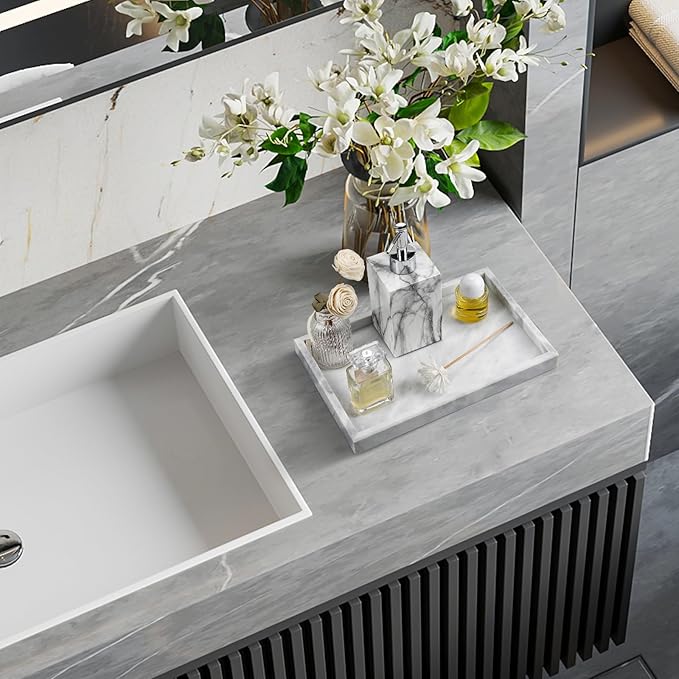 Real Natural Marble Tray for Bathroom, Vanity, Kitchen and Desktop, Rectangle Genuine Marble Stone Tray for Jewelry, Cosmetics, Candles, Lotion, Perfume and Home Decor