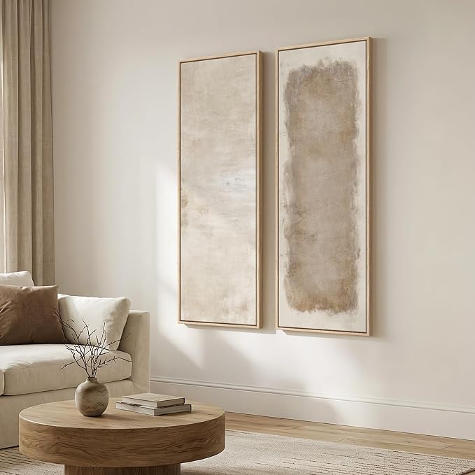 Long Narrow Framed Neutral Abstract Vertical Wall Art, 2 Piece Modern Canvas
