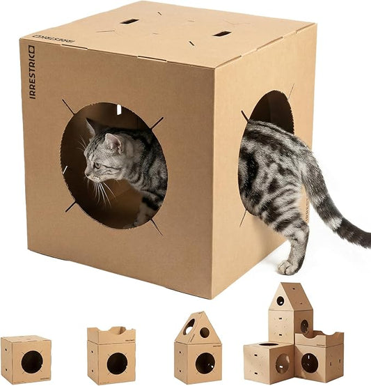 Modular Cardboard Cat Condo System, Semi-Enclosed Cube Module with Side Openings, Foldable Stackable DIY Cat House for Indoor Cats