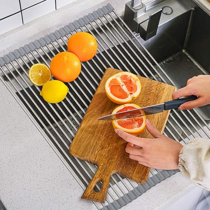 SunCleanse 17.8" L×15" W Roll Up Dish Drying Rack, Over Sink Dish Drying Rack Drainer, Multi-Use Stainless Steel Foldable Dish Rack for Kitchen Sink Countertop, Grey