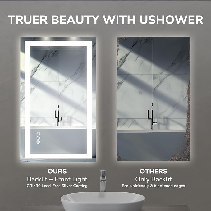 USHOWER LED Bathroom Mirror 24x32 Inch Tempered Glass