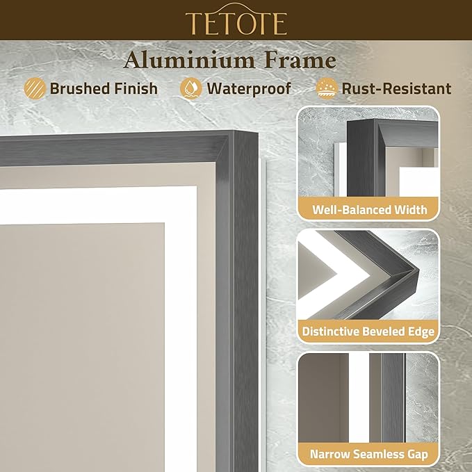 TETOTE 40 x 32 Bathroom LED Mirror Brushed Gunmetal Gray Frame Frontlit & Backlit Vanity Mirror Anti-Fog Stepless Dimmable 3 Colors White/Warm/Natural Wall-Mounted