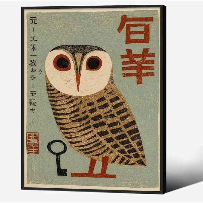 Vintage Japanese Black Framed Wall Art Owl Poster Mid Century Animal Print