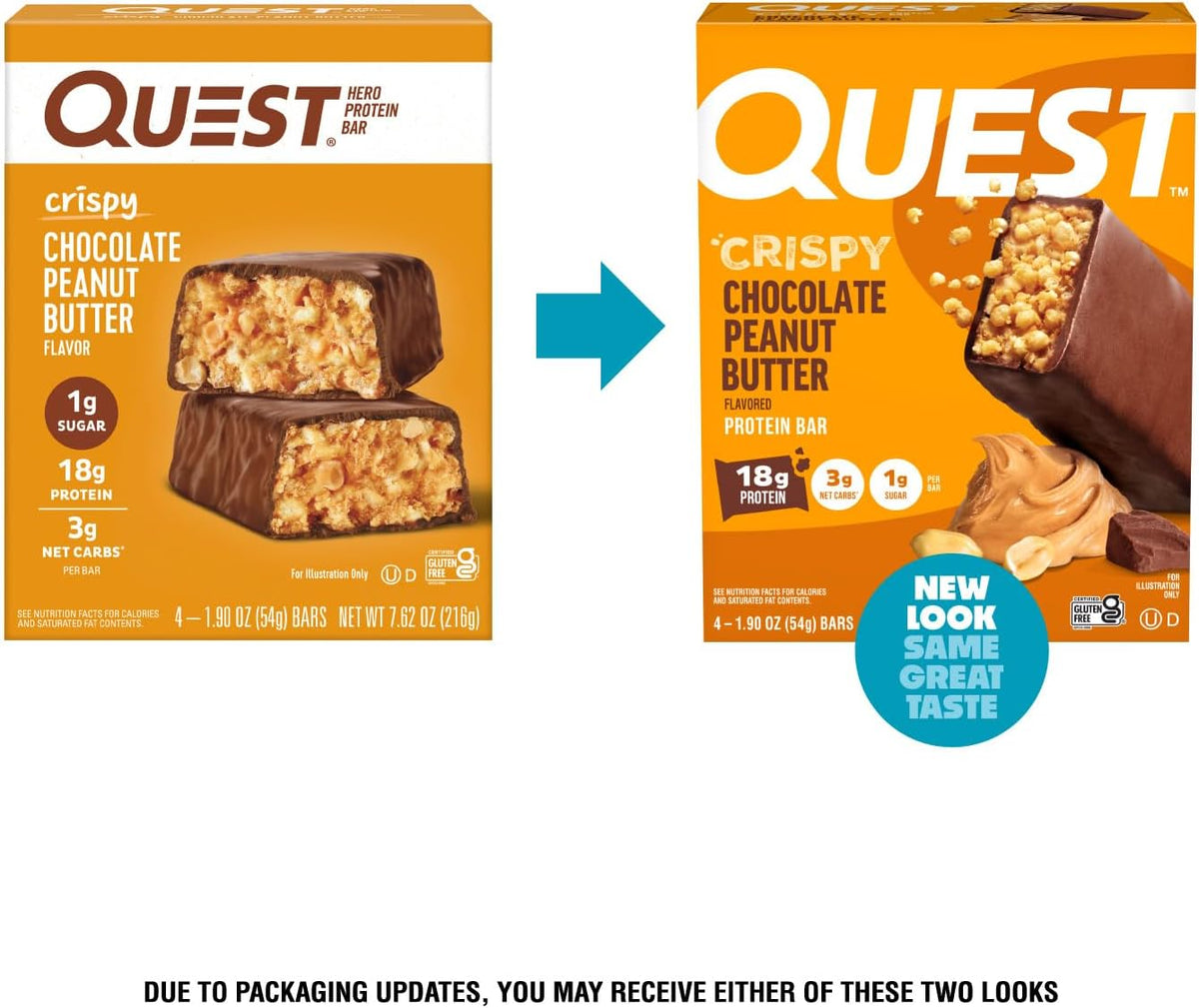 Quest Nutrition Crispy Chocolate Peanut Butter Hero Protein Bar, 18g Protein, 1g Sugar, 3g Net Carb, Gluten Free Protein Snack, Keto Friendly, 4 Count