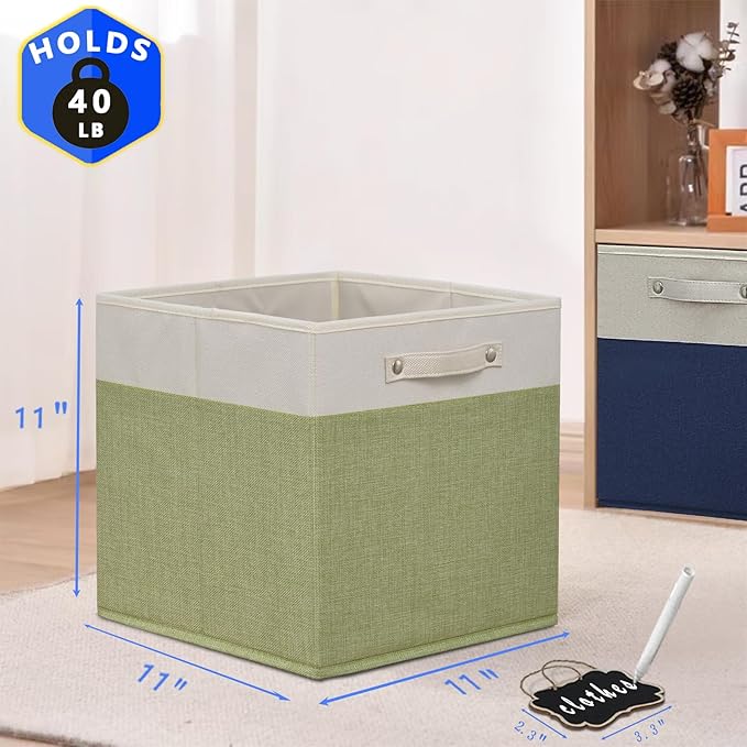 11 inch cube storage bin,Collapsible Fabric Storage Cubes with Labels 4 Pack,Linen Cube Storage Organizer Bins with Cotton Handles for Home,Nursery,Clothes,Cabinet, Shelves and Closet(White green).