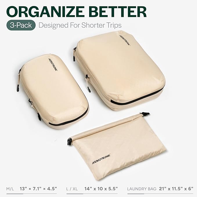 Aerotrunk Ultralight Compression Packing Cubes - Lightweight Travel Organizers for Suitcases and Luggage (3-Pack, Beige)