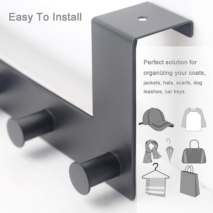 WEBI Over The Door Hooks,Over The Door Towel Rack with 6 Peg Hooks for Hanging,Over Door Hanger Coat Rack for Behind Back of Bathroom,Black,2 Packs