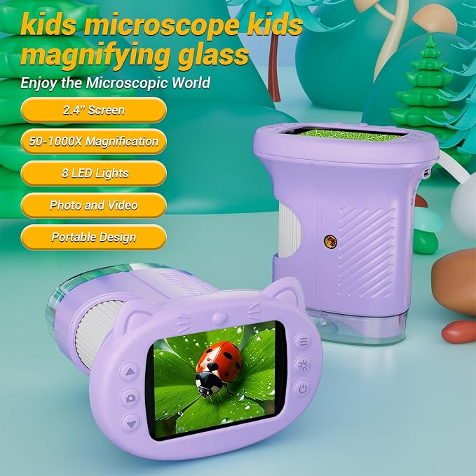 2.4" Screen Pocket Kids Microscope: 1000X Handheld Microscope for Photo and Video - Portable Science Kits STEM Toys – Christmas/Birthday Gifts for Girls & Boys Ages 3-12(Purple)