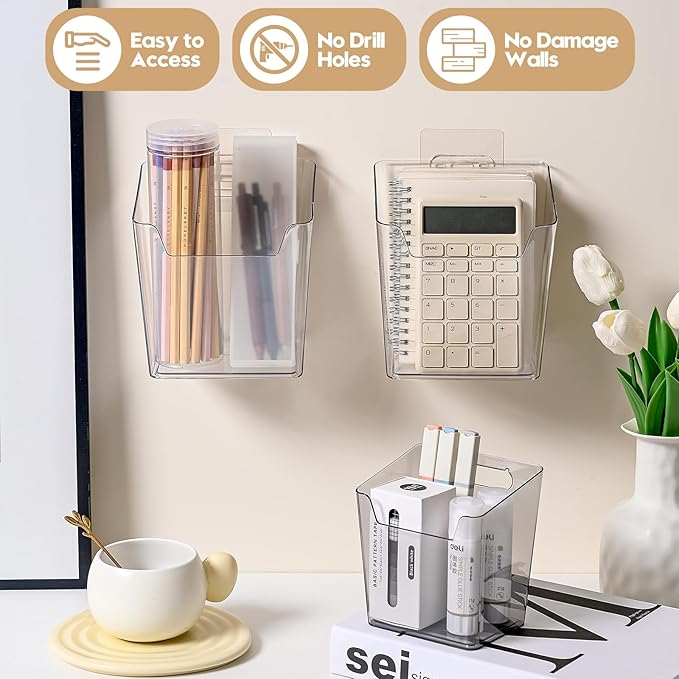 Clear Cabinet Door Organizer Bathroom, 4 Pack Hanging Makeup Storage Brush Holder, Adhesive Storage Bin Versatile Vertical Wall Mount Caddy for Pantry Office Kids' Room Small Items Organization