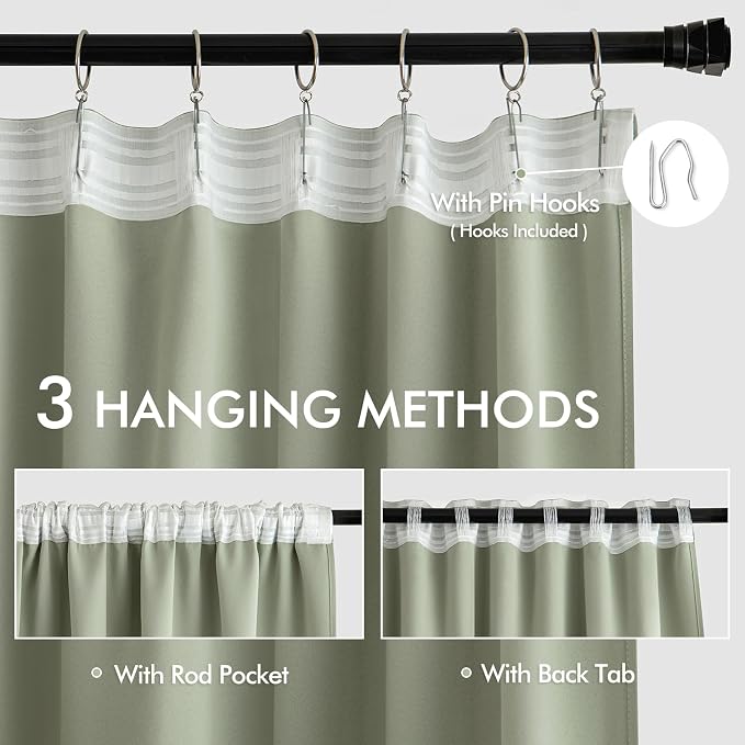 MIULEE Back Tab Sage Green Curtains 90 Inch Long 2 Panels Set