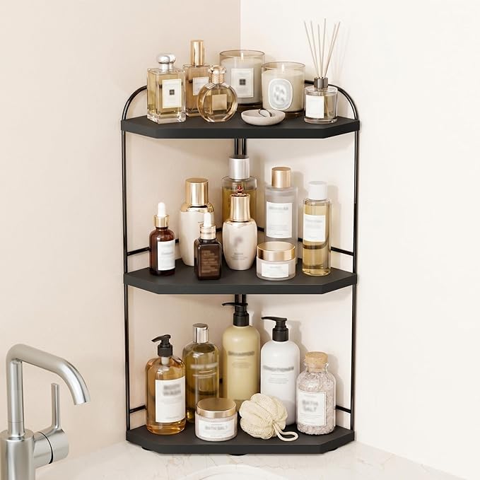 Corner Bathroom Counter Organizer, 3-Tier Wood Countertop Organizer for Perfume, Makeup Storage, Skincare Organizers for Vanity, Counter Corner Shelf for Kitchen, Bathroom, Dresser (Black)
