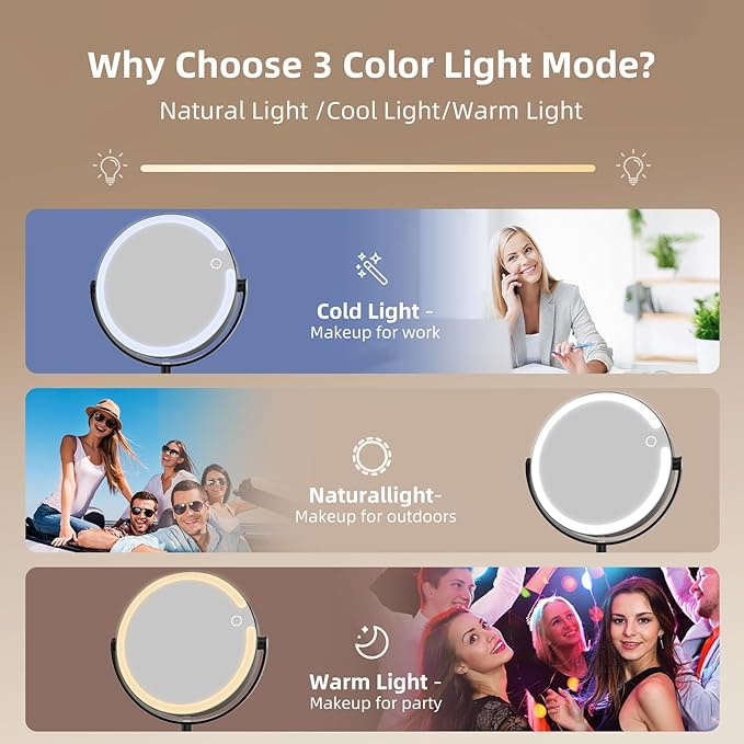 Makeup Mirror with Lights, 8" Double Sided 1x/10x Magnifying Vanity Mirror with 3 Color Lights, Rechargeable, 360° Rotation and Adjustable Height, Gift for Women Her