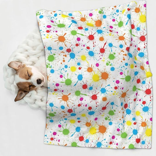 Two Sided Plush Pet Blanket for Crates Carriers Home Use, Paint Splatter Colorful, Reversible Throw with Cozy Dot Fabric and Silky Reverse for Small Large Pets