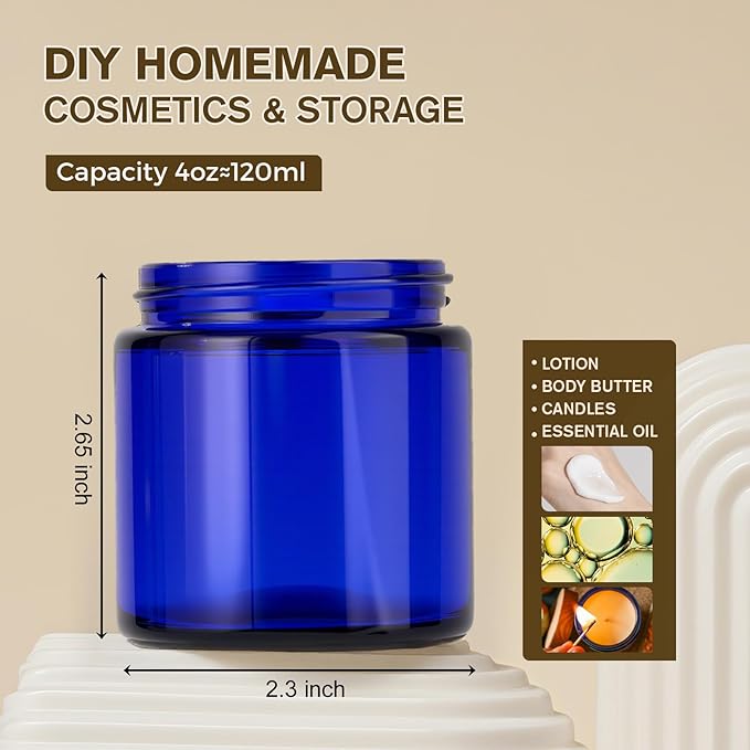 4oz Jars with Lids, Hoa Kinh 12 Pack Blue Glass Jars with Lids Empty Cosmetic Containers Round Airtight Glass Jar with Inner Liners and black Lid for Storing Lotions, Powders, and Ointments