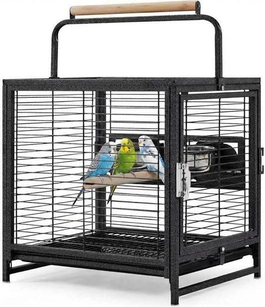 Bird Travel Carrier Cage, 19Inch Wrought Iron Small Bird Cage for Parrots Conures Lovebird Cockatiel Parakeets Black