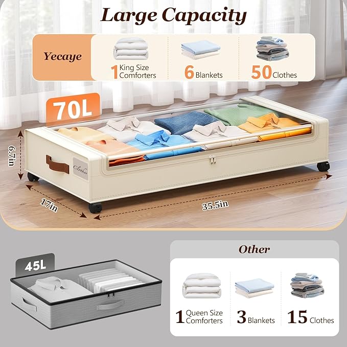 Rolling Under Bed Storage, 70L, 2 Pack – Beige