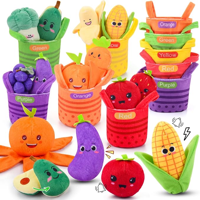 Baby Toys 6-12 Months, My First Fruits & Vegetables Sensory Toys with Rattle Crinkle Sounds Color Sorting Play 15 PCS, Montessori Toys for 1 Year Old, Toddler Stocking Stuffers Baby Boy Girl Gifts