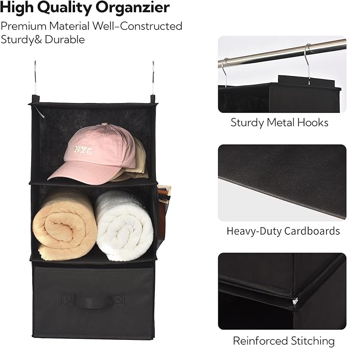 GRANNY SAYS 6-Shelf Hanging Closet Organizers and Storage, Separable to 2 Pack 3-Shelf Closet Hanging Organizer with 3 Drawers, 4 Side Pockets Hanging Shelves for Closet, Nursery, Black