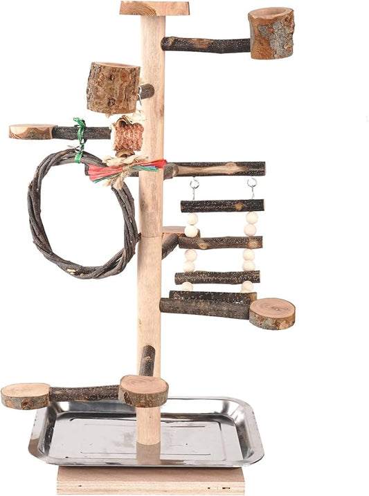 HOSUKKO Bird Playground Parrots Play Stand Wood Perches Stand, Bird Gym Playpen Platform Ladder with Feeder Cups for Cockatiels Budgies Lovebirds, Brown
