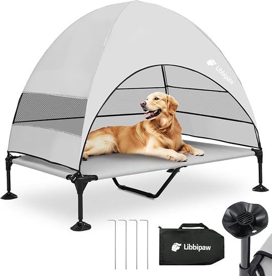 Windproof Elevated Dog Bed with Canopy & Stakes, 3-Sided 90% UV Block, Chew-Proof Teslin Mesh Mat for Large Dogs up to 150lbs(Grey X-Large)