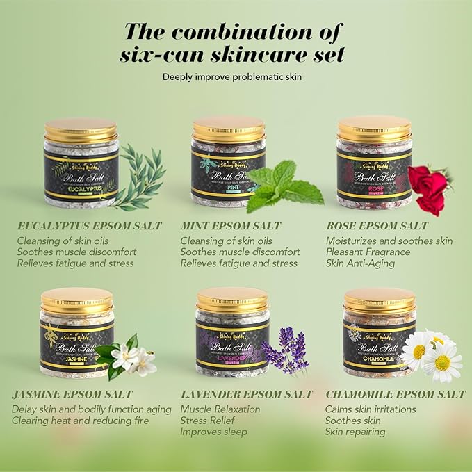 Epsom Bath Salts for Soaking Lavender, Eucalyptus & Rose Bath Salts for Women Relaxing,6pc Self Care Gift Set with Chamomile & Mint Spa Grade Muscle Relief,Natural Essential Oils,Sensitive Skin Safe