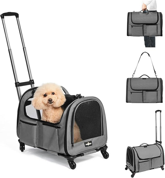 Large Pet Carrier with Wheels, Foldable Rolling Dog Carrier with Big Pocket, Cat Rolling Bag 21"x13"x13" for 2 Cats &Dogs, for Travel, Outdoor, Vet Visits, Camping, Indoor. Gray. (Not for Airline)