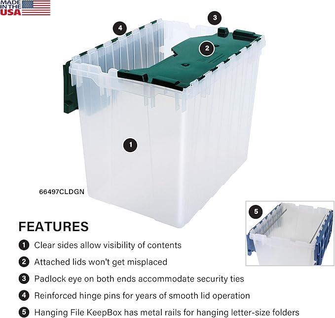 Akro-Mils KeepBox 18 Gallon Storage Container, Nesting and Stackable Plastic Storage Box with Lid Attached, Clear Tote for Garages, Closets, and Moving, 21" x 15" x 17", Clear/Green