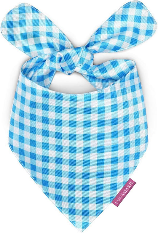 LunaMarie - Luxury Pet Birthday Bandanas -Premium & Silky Poly Fabric | 100% Handmade | Custom Shape Dual Layered (Blue Checkers, Small)