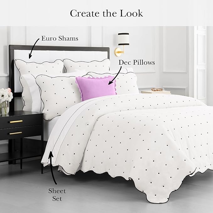 kate spade new york Scalloped Edge 3-Piece King Quilt Bedding Set, 100% Cotton Reversible Cover, All Season Warmth Bedding, Machine Washable, Marshmallow