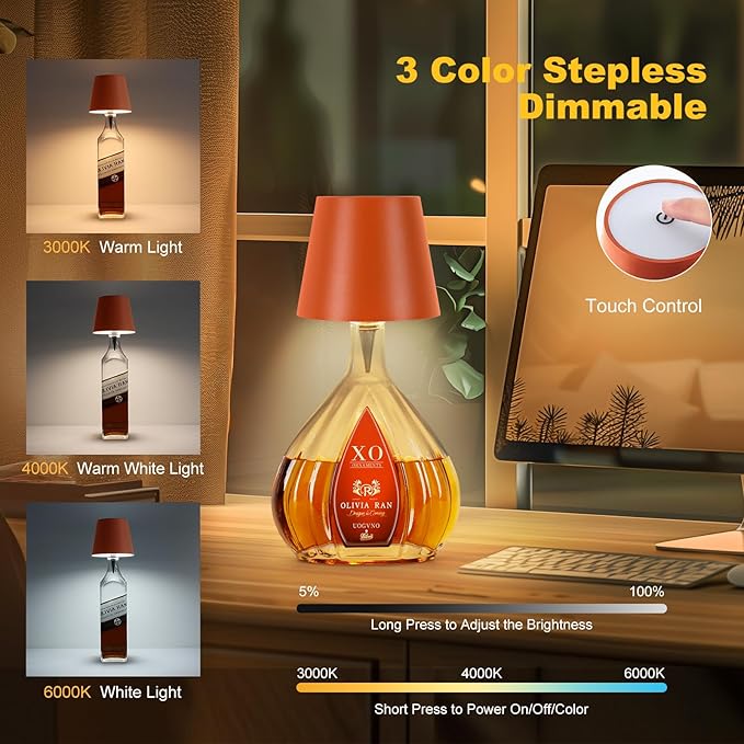 Wireless Bottle Lamp, 2025 New 3 Color Rechargeable Wine Bottle Lights for Bars Restaurants (Orange, 1PC)