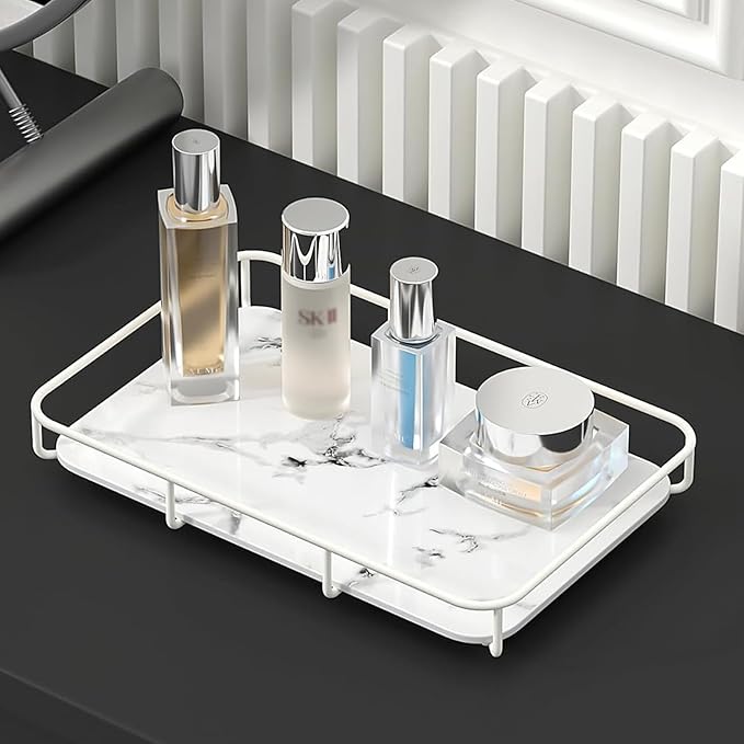 Bathroom Organizer Countertop Perfume Organizer Makeup Organizer Cosmetics Storage Display Rack Vanity Tray Dresser Stainless Steel Gold Shelf White Marble Ceramic Tray