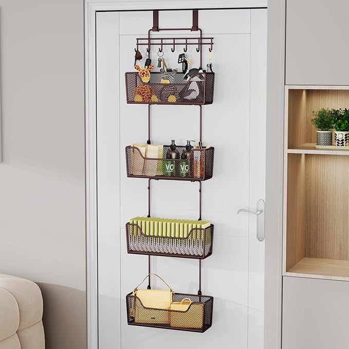 HapiRm Over The Door Organizer - Hanging Door Organizer with 4 Metal Large Capacity Baskets and Adjustable Coat Hook for Bathroom Bedroom Kitchen Pantry Closet Cabinet