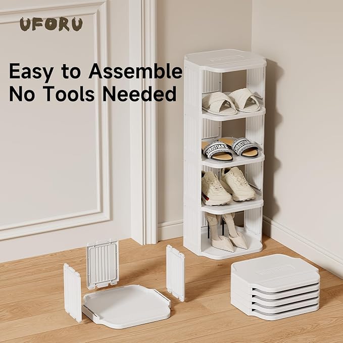 UFORU Vertical Shoe Rack, 6 Tiers Stackable Shoe Rack for Closet, Tall Standing Shoe Organizer, Small Shoe Shelf for Narrow Places Durable Plastic Construction (White)